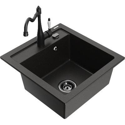 Mexen Vito гранитна кухненска мивка с 1 отделение и кухненски смесител Carla, черен/златен металик - 6503-75-670700-70-B (6503-75-670700-70-B)