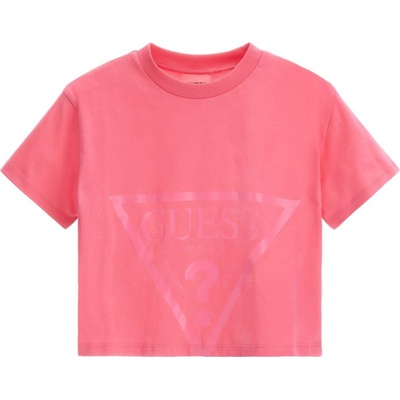 GUESS Къса тениска за момиче в розово с голямо лого Guess
