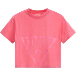 GUESS Къса тениска за момиче в розово с голямо лого Guess
