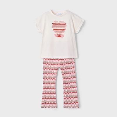 Mayoral Комплект с клин до глезена flare в цвят сьомга и бяла тениска с детайли за мини момиче Майорал