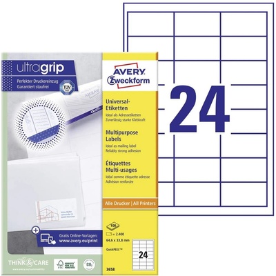 Avery-Zweckform 3658 64.6 x 33.8 mm papier biela 2400 ks trvalé univerzálne etikety atrament, laser, kópie; 3658