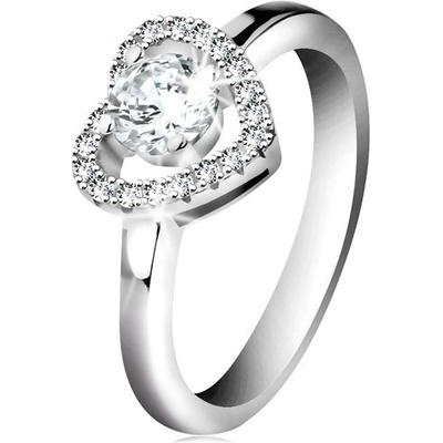 Šperky Eshop Rhodiovaný prsten stříbro, blýskavá kontura srdce a kulatý zirkon čiré barvy K01.12