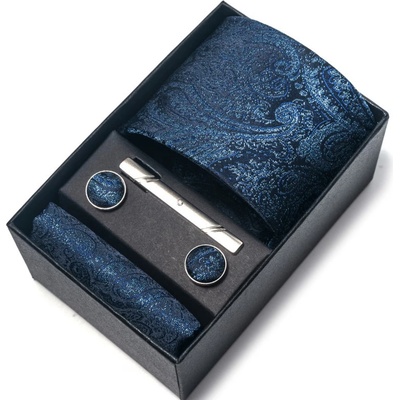 Kravata Brocat manžetové knoflíčky spona kapesníček modrá