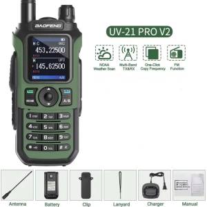 Baofeng Водоустойчива трибандова радиостанция Baofeng UV-21 PRO, до 10км обхват, 1, 77" LCD екран, 8W, 999 канала, USB-C зареждане, FM радио, Зелена (UV-21 PRO green) Радиостанции