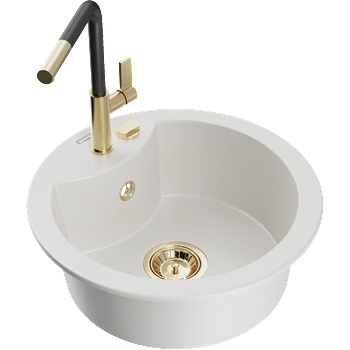 Mexen Diego мивка от гранит с 1 камера и кухненски смесител Flora, бял - 6512-20-670401-57-G (6512-20-670401-57-G)