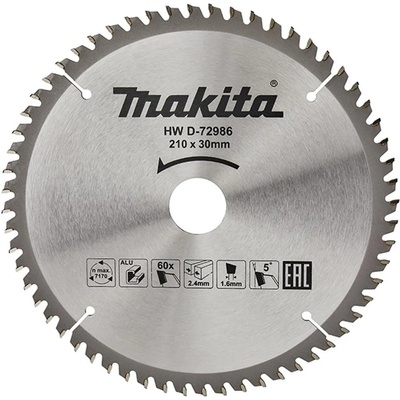 Makita Циркулярен TCT режещ диск за алуминий, Makita D-72986, 210x30x60T (D-72986)