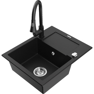 Mexen Enzo гранитна мивка с 1 корито с отцеждач и кухненски кран Elia, черен - 6506-77-670101-70 (6506-77-670101-70)