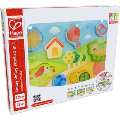 Hape Дървен пъзел 3 в 1, Hape, Слънчевата долина, 12 части (H1601)