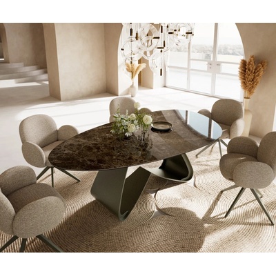 DELIFE Edge oválný 220 x 120 keramika Laminam Emperador Extra Lucidato tmavě hnědá W-podnož kov titanová barva