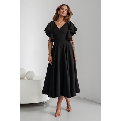 Warsaw Dress midi šaty s volánovými rukávmi čierne