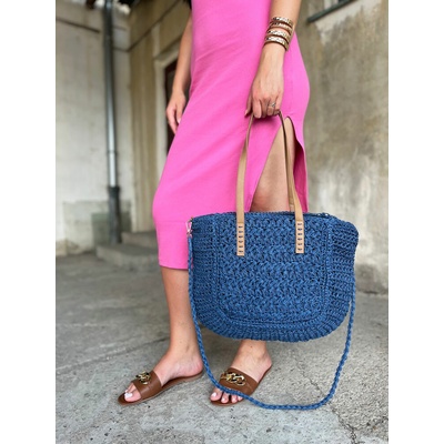 Slamená shopper kabelka na rameno modrá