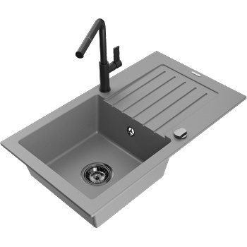 Mexen Pablo гранитна мивка с една камера с отцедник и кухненски смесител Flora, сив - 6510-71-670401-70-B (6510-71-670401-70-B)