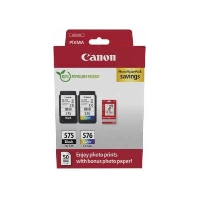 Canon Ink Cartridges & Paper Multipack - PG-575/CL-576 Original Printer Cartridges Pack of 2 (1 x Black, 1 x Color) & 4x6 Photo Paper (50 Sheets) - 5438C004