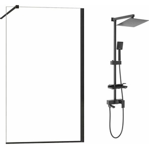 Fluminia Комплект душ кабина Mediterraneo Foxy Walk-In, черна, 100x200 см и душ колона Rea Jack, черна (foxy100black+5902557349203)