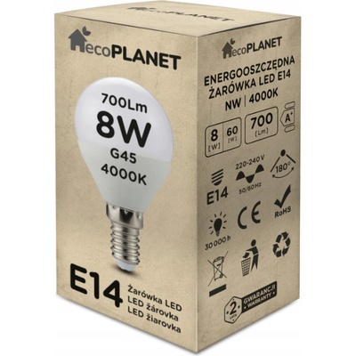 EcoPlanet LED žárovka E14 G45 8W 700lm neutrální bílá