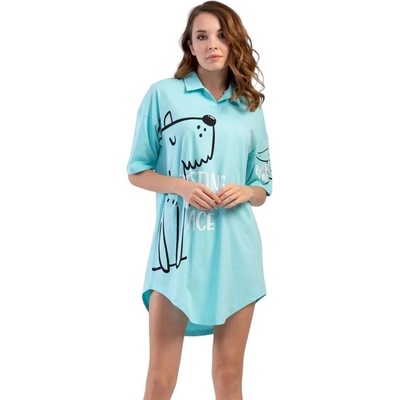 Светло тюркоазена нощница с яка, куче и надпис