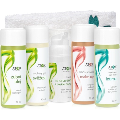 Original ATOK Do letadla i pod stan Sprchový gel Svěžest 50 ml + Mycí olej Intima 50 ml + Odličovací olej Make-up 50 ml + Zubní olej 50 ml + Krém na nohy 30 ml + Zip sáček + Bílý ručník 32x32cm