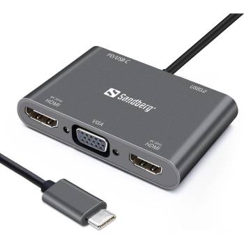 Sandberg USB-C Dock 2xHDMI+1xVGA+USB+PD Docking Station - Докинг станция (136-35)