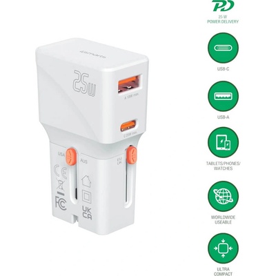 4smarts Захранване с USB-C и USB-A изхода и преходници за цял свят в едно устройство за мобилни устройства - 4smarts Nomad Pocket World Travel Adapter 25W (бял) (541646)
