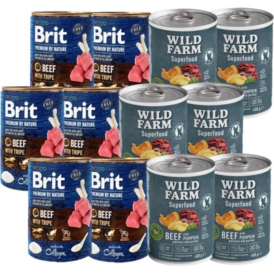Brit Premium by Nature Hovädzie mäso s dršťkami 6 x 400 g + Wild Farm Superfood Hovädzie mäso 6 x 400 g