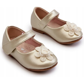 Detské balerínky s ozdobným kvietkom so zapínaním na suchý zips zlaté