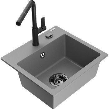 Mexen Milo гранитна мивка с 1 камера с кухненски смесител Flora, сива (6505-71-670401-70-B)