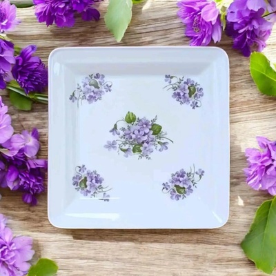 Český porcelán Dubí Tanier štvorhranný 21,5 cm FIALKY