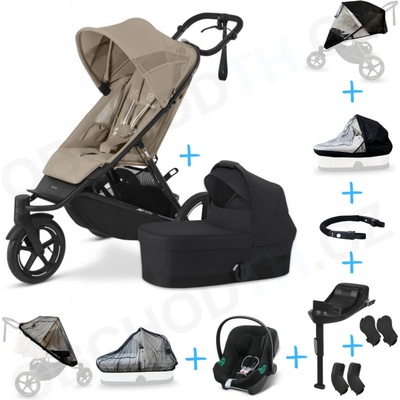 Cybex Set 10v1 Avi Spin Almond Beige 2024 + korba Cot S Moon Black + autosedačka Cybex s ISOFIX základnou + adaptéry + pláštěnky + ochranná síť + madlo