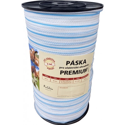 Páska PREMIUM 40 mm pro el. ohradník, 3x0,20 mm Niro + 3x0,25 mm CuSn, 200 m, bílo-modré