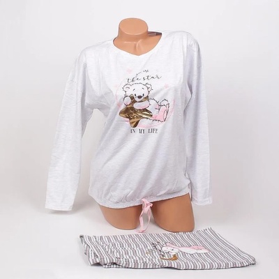 Дамска пижама с дълъг ръкав в светлосиво и райе