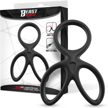 Image 1 of Beast Rings Triple Penis & Testicles Ring Liquid Silicone Black