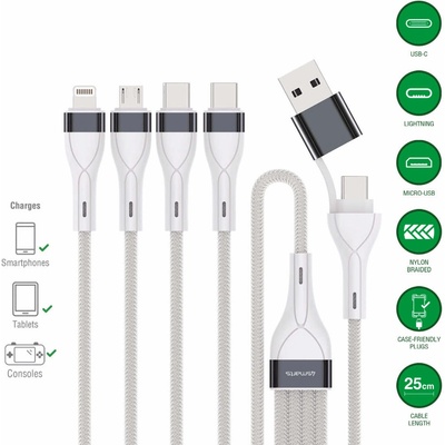 Универсален USB-C кабел с Lightning, microUSB и USB-C конектори (25 см) - 4smarts 4-in-2 Multi-Charging USB Cable (бял) (541299)