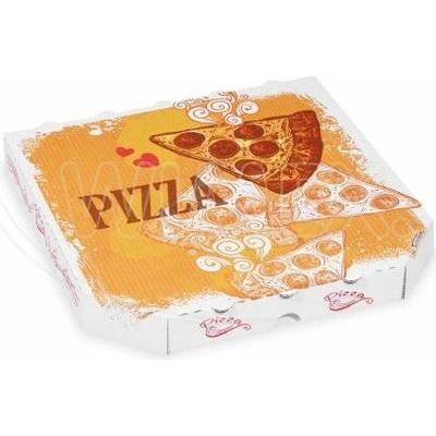 Krabice na pizzu (mikrovlnitá lepenka) E6 bílá s potiskem 26 x 26 x 3 cm [100 ks]