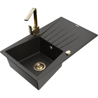 Mexen Cesar гранитна мивка с 1 отделение с отцедник и кухненски смесител Rita, черно/златен металик - 6514-75-670300-50 (6514-75-670300-50)