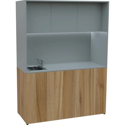 KUCH - CUBE PLUS 3 kuchyňka, vybavení - dřez + baterie, 2000x1480x600 mm, LED osvětlení, dvířka, ořech světlý/šedá