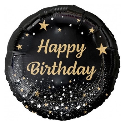 Foliový balonek kulatý černý Happy Birthday hvězdy 45 cm