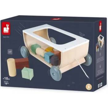 Image 1 of Janod - Дървена количка за дърпане с конструктор (J04407)