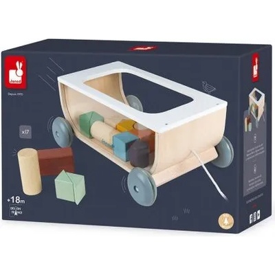 Janod - Дървена количка за дърпане с конструктор (J04407)
