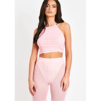 Image 1 of Missy Empire Mesh Halter Neck Ruched Top - Pink