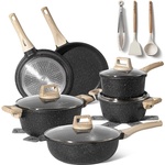 Just Perfecto Комплект тенджери и тигани Just Perfecto JL-789, 15 ч, Отливка, Мраморно покритие, Индукция, Аксесоари, Черен (JL-789 black)