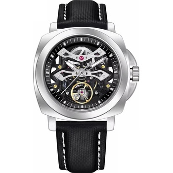 Pagani Мъжки часовник Pagani Design Yikker, Автоматичен, Естествена кожа, Скелетон, Черен / Сребрист (PD-YS017-BLACK-WHITE)