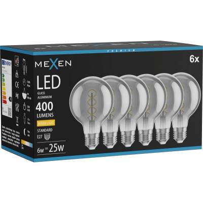 Mexen Vintis 6x крушка с нажежаема жичка спирала LED E27, G80, 6W, Топло - 2700K, 400 lm, (L165-E27-0627-70x06)