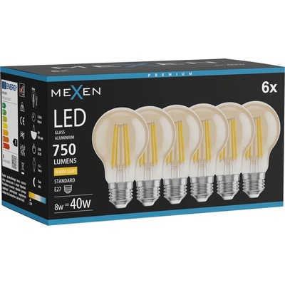 Mexen Vintis 6x LED крушка с нажежаема жичка E27, A60, 8W, Топло - 2700K, 750 lm, кехлибар - (L150-E27-0827-50x06)