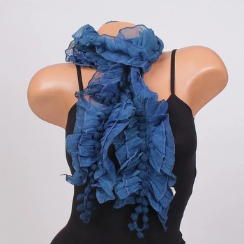 Image 1 of Ефектен дамски шал в петролено синьо с топчета