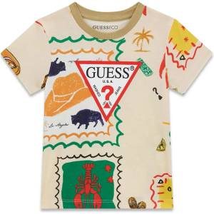 GUESS Бежова тениска за мини момче с многоцветни щампи и червено лого Guess