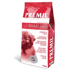PREMIL Premium Maxi Puppy - Junior 30/14 - пълноценна храна за подрастващи кучета от средни и големи породи, с пилешко, свинско и говеждо месо, 15 кг - Сърбия