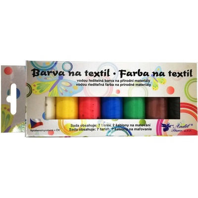 Kreativ Colour Farby na textil svetlý materiál, perleťoá sada 7 farieb 20 g 2 šablóny 6,5 x 2 cm