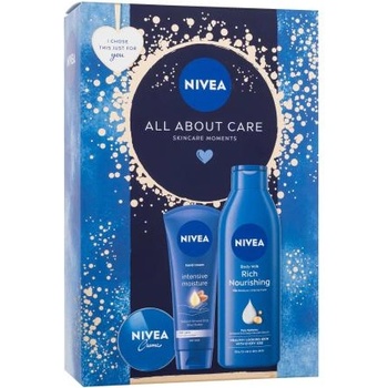 Nivea All About Care подаръчен комплект: универсален крем Creme 30 ml + крем за ръце Intensive Moisture 100 ml + лосион за тяло Rich Nourishing 250 ml за жени