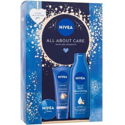 Nivea All About Care подаръчен комплект: универсален крем Creme 30 ml + крем за ръце Intensive Moisture 100 ml + лосион за тяло Rich Nourishing 250 ml за жени