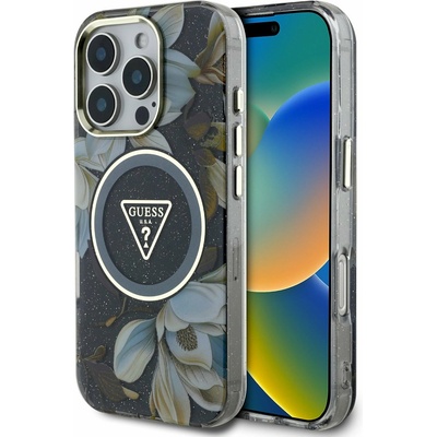GUESS IML блестящ Magnolia и триъгълно лого MagSafe заден капак за iPhone 16 Pro Max черен Guess | Lilav | ЖЕНИ | UNI